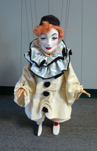 Pierrot Marionette Puppet Vintage Handmade Glass Eyes Carved Wood/plaster 24 "