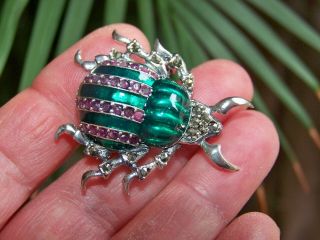 Sterling Silver Real Ruby Marcasite Enamel Scarab Beetle Bug Brooch Pin Pendant