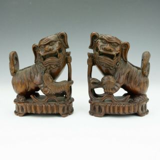 Antique Chinese Carved Wood Oriental Foo Dogs - Lovely
