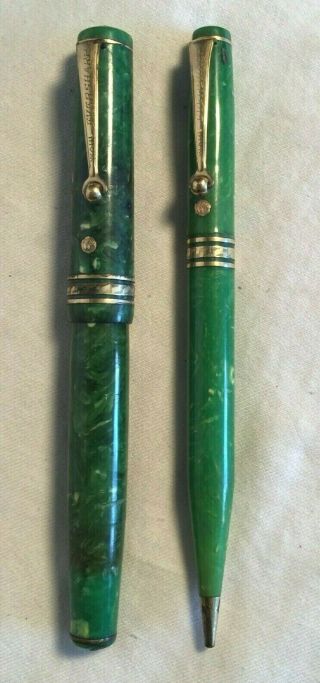Pair Deco Wahl Eversharp Apple Jade Green Marble Fountain Pen & Pencil 14k Gold