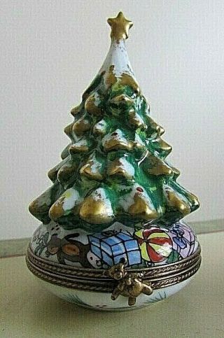 Limoges France Christmas Tree Trinket Box Peint Main Hand Painted
