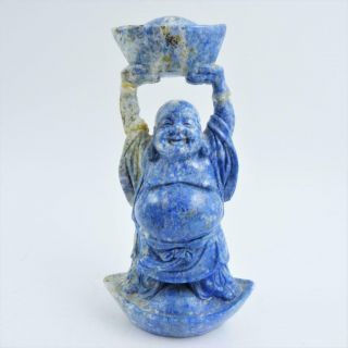 Chinese Carved Lapis Lazuli Standing Buddha Holding Ingot Aloft