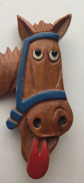 Whimsical 1940s Elzac Horse Carved & Painted Wood Brooch Pin