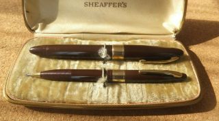 Sheaffer " 1250 " Fountain Pen And " 500 " Pencil Set - Dark Brown - G Trim - Boxed