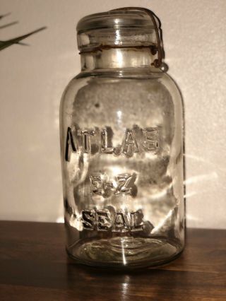Vtg Atlas E - Z Seal Half Gallon Canning Mason Jar Wire Bail Glass Lid