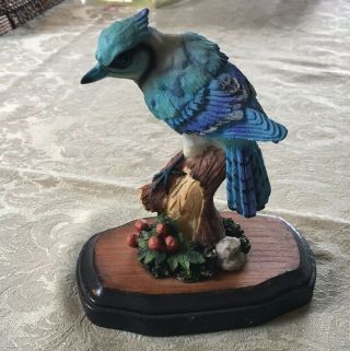 Vintage 1960s Hand Painted Wood Resin Blue Jay Statue Sculpture Signed By Artist