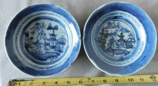 Two Antique China Canton Export Soup Berry Bowls Dishes Chinese 19th C Blue Dish