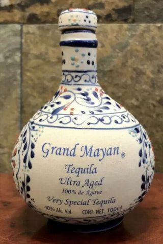 Grand Mayan 100 Agave Tequila Bottle EMPTY Ceramic Glazed Pottery Mexico 100ml 2