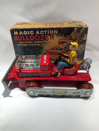 Vintage 50s Nomura Japan Tin Toy Bulldozer Windup Magic Tractor Bumpngo