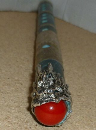Chinese Old Handwork Tibet - Silver Carved Dragon Phoenix Antique Jade Flute