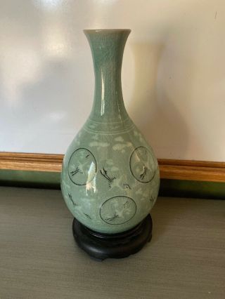 Vintage Celadon Crane Green Glazed Korean Vase With Wood Stand
