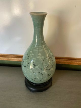 Vintage Celadon Crane Green Glazed Korean Vase With Wood Stand 2