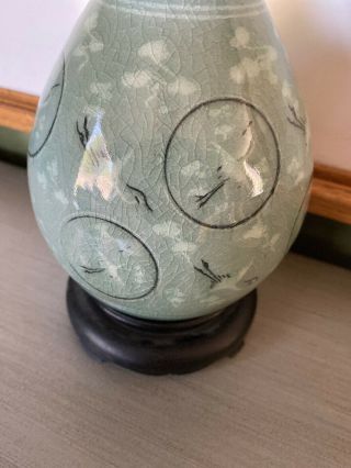 Vintage Celadon Crane Green Glazed Korean Vase With Wood Stand 3