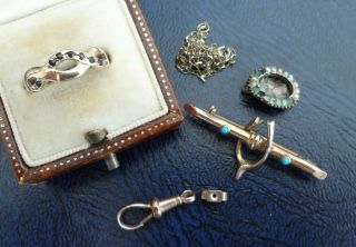 Vintage Jewellery Scrap 9ct 15ct Gold Turquise Brooch Sapphire Ring Albert Clip