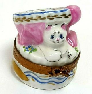 Limoges France Peint Main Hand Painted Porcelain Cat Trinket Box 419drcc