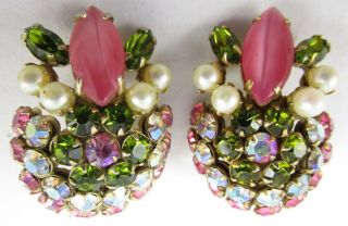 Schreiner Of York Pearl Pink & Green Rhinestone Earrings
