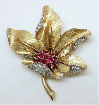 Vintage Boucher Florentine Flower Pin Brooch W Red & Clear Rhinestones Signed