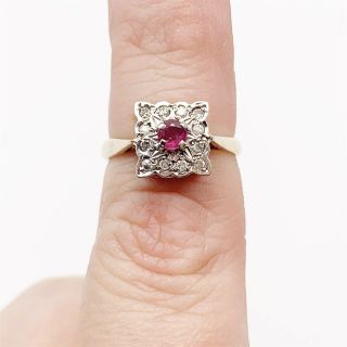 Vintage Solid 9ct Gold Diamond And Ruby Set Cube Front Ladies Ring Size L