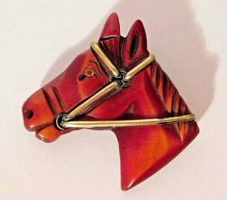 Vtg.  Cherry Red Bakelite Carved Horse Head Pin Brooch With Metal Bridle