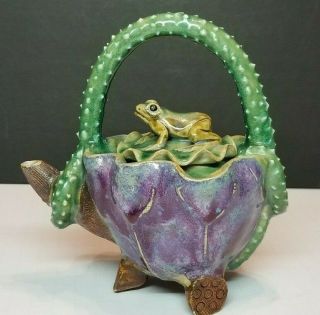 Vintage Chinese Flambe Glazed Shiwan Pottery Frog & Thorn Handle Teapot Signed