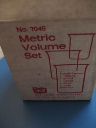 Vintage Ideal School Supply Co Metric Volume Set 5 Plastic Beakers Usa Made Box