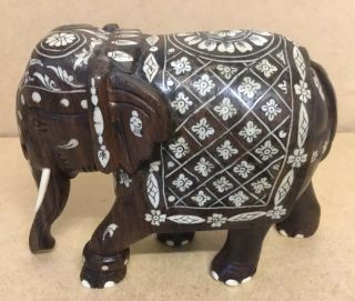 Fantastic Antique Carved Indian Elephant With Unusual Inlaid Decorative Design