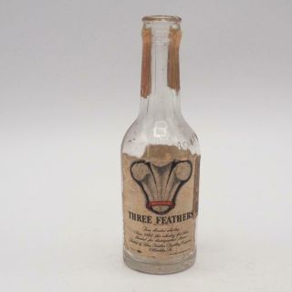 Vintage Three Feathers Small Whiskey Glass Bottle Advertising W/ Tax Stamp