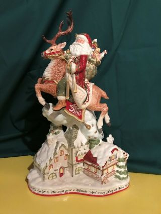 Fitz&floyd Up On The Housetop Santa/large 18.  5 " Tx13 " W Figurine On Reindeer