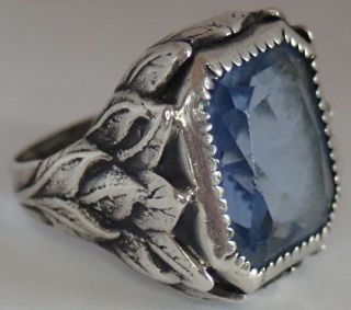 Antique Art Nouveau Deco Sterling Silver Blue Topaz Paste Leaf Ring