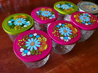 7 Vintage Retro 1960s Ball Quilted Crystal Canning Jars Floral Metal Lids 3