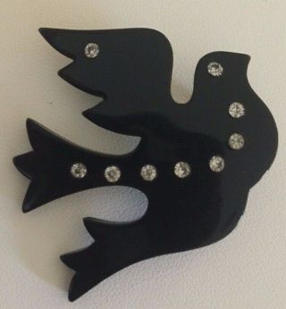 Lea Stein,  Signed Small Black Dove With Rhinestones,  Pin,  Brooch