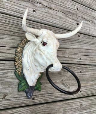 Cast Iron Small White Bull Head With Horns Vintage Country Towel Holder