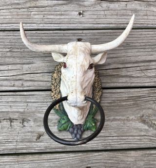 Cast Iron Small White Bull Head with Horns Vintage Country Towel Holder 2