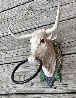 Cast Iron Small White Bull Head with Horns Vintage Country Towel Holder 3