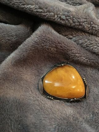 Vintage Yellow Egg Yolk Baltic Amber Sterling Silver Brooch Pin 2 In