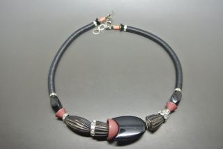 Vintage Langani Signed Black Plastic Beads Fashion Geometric Choker Necklace