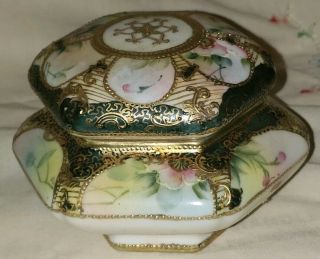 Vintage Nippon Hand Painted Bone China Trinket Box With Wild Flowers & Gold Trim