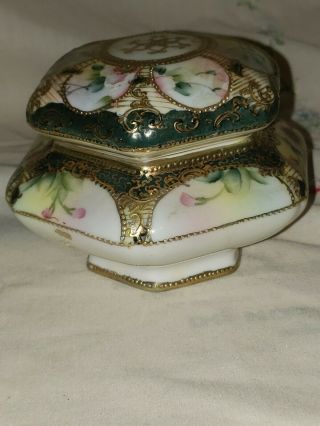 Vintage Nippon Hand Painted Bone China Trinket Box With Wild Flowers & Gold Trim 2