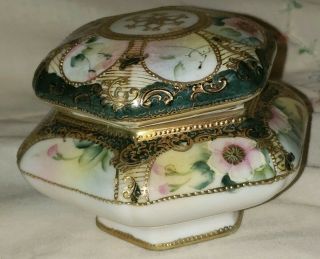 Vintage Nippon Hand Painted Bone China Trinket Box With Wild Flowers & Gold Trim 3