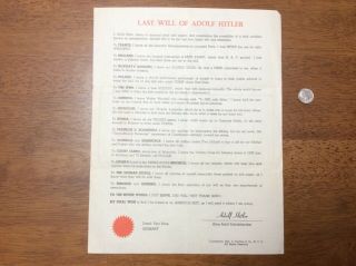 1942 Wwii Last Will And Testament Of Adolf Hitler German Germany Parody Document