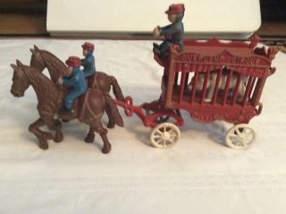 Cast Iron Two Horse Drawn Red Circus Wagon With White Bear & Three Riders
