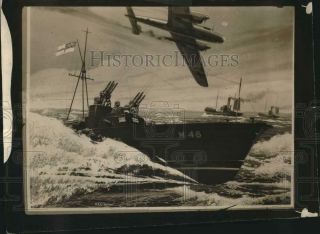 Press Photo Illustration Of Speedy British Torpedo Boat Destroying German Bomber