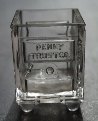 Miniature Antique Glass Candy Container Or Penny Bank (penny Trust Co)
