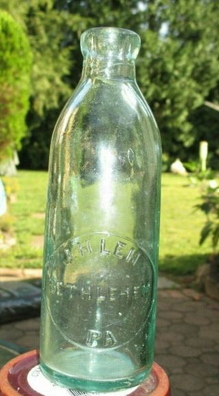 Vintage J.  H.  Leh Bethlehem Pa.  Aqua Hutch Blob Top Bottle Soda Applied Top
