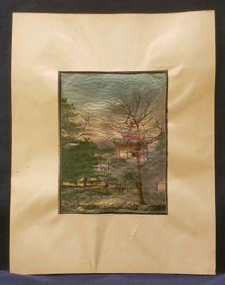 Antique Silk Embroidery Japanese Chinese Hand Stitched Pagoda Trees Wall Art