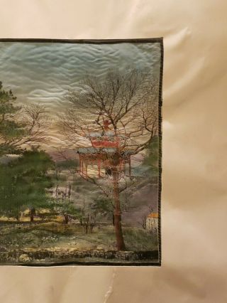 Antique Silk Embroidery Japanese Chinese Hand Stitched Pagoda Trees Wall Art 2