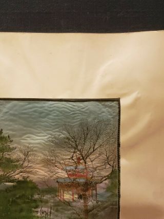 Antique Silk Embroidery Japanese Chinese Hand Stitched Pagoda Trees Wall Art 3