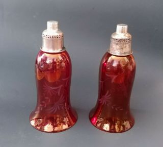 2 Vintage Red Cranberry Hurricane Candle Holder Lamp Etched Shade W/sterling Bas