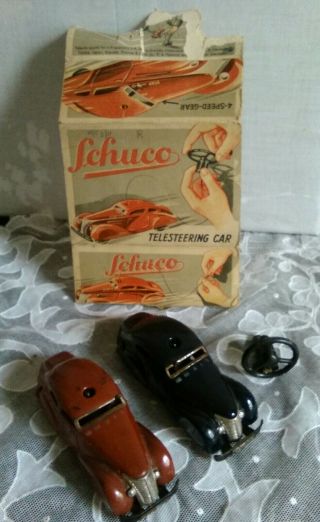 Schuco 3000 Tele Steering Metal Cars Red And Black Wind Up Vintage