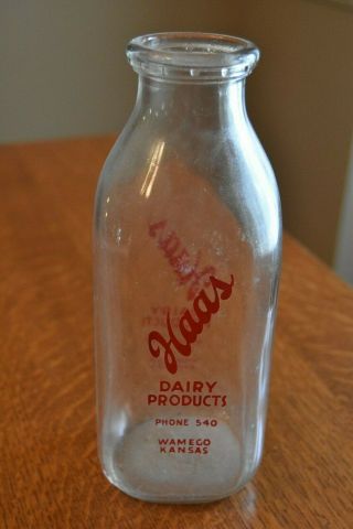 Vintage Quart Milk Bottle Haas Dairy Wamego Kansas Old